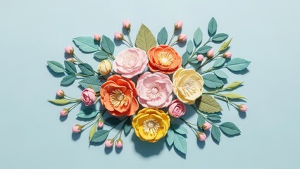 Beautiful floral arrangement on light blue background