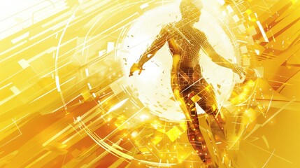 The image features a glowing, wireframe silhouette of a human figure that appears to be running or in motion, overlaid on a vibrant, yellow-orange backdrop with abstract geometric shapes, lines, and