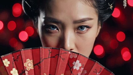 Woman peeking through red fan then revealing face gradually. Asian beauty sequence with traditional updo and floral accessory in festive red lights.
