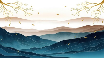 Serene landscape with rolling hills and falling leaves