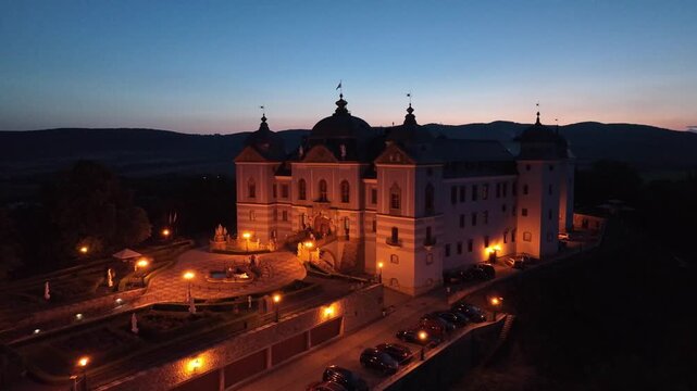 Aerial night view of Halic Castle in the village of Halic in Slovakia