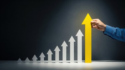 Hand placing yellow arrow on top of graph showing growth