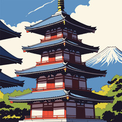 Japanese pagoda vector illustration with bright colors