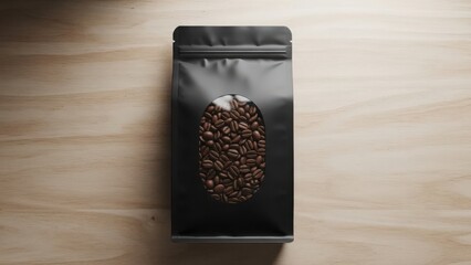 Coffee beans in black packaging bag on wooden table
