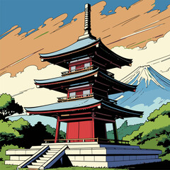 Japanese pagoda vector illustration with bright colors