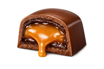 Delicious Cut Chocolate Candy on transparent background, caramel inside