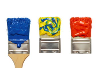 Extreme close-up of three painter's brushes loaded with vibrant blue, red, and yellow viscous acrylic paint against a transparent backdrop. Artistic process concept