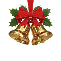 Golden Christmas bells with red ribbon and holly berries, festive holiday decoration