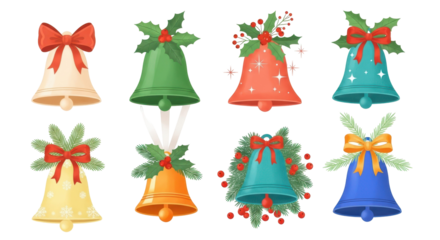 Collection of festive Christmas bells adorned with holly, berries, and ribbons