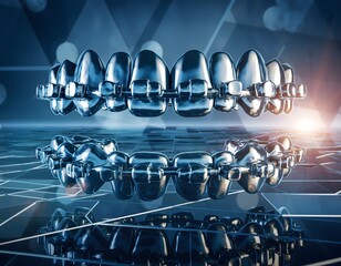 Orthodontic Braces with Shiny Metal Details on Abstract Background Highlighting Dental Care, Modern Orthodontics, and Smile Aesthetics