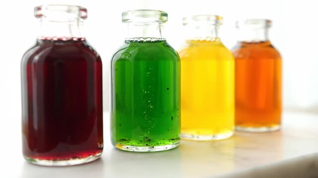 Four Vibrant Mini Glass Bottles with Colorful Drinks: Red, Green, Yellow, and Orange Beverages