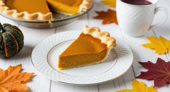 Delicious slice of pumpkin pie with autumn leaves and a warm drink - Powered by Adobe