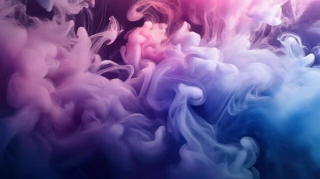 violet pink and blue smoke clouds swirling in fluid ink like motion across dark cinematic abstract background with soft translucent gradients