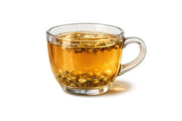 Chrysanthemum tea in glass, transparent background, a golden infusion.