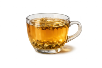 Chrysanthemum tea in glass, transparent background, a golden infusion.