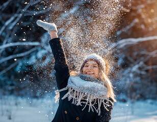 Joyful Person Throwing Snow in the Air with Sparkling Bokeh Lights Creating Festive Winter Atmosphere 