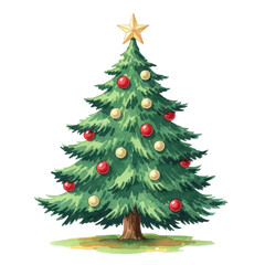 Fototapeta premium Festive decorated evergreen Christmas tree with ornaments and star topper