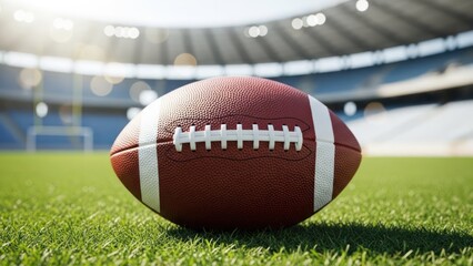 Obraz premium A close-up of a football on a grassy field in a stadium under bright sunlight