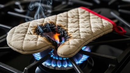A burnt oven mitt smoldering on a gas stove burner