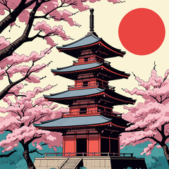 Japanese pagoda vector illustration with bright colors
