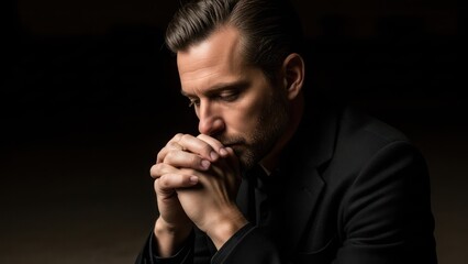 A man in formal attire clasps his hands together in thoughtful contemplation