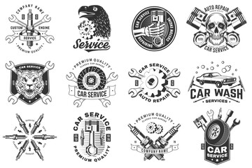 Auto service logo, emblems, badges and icons. Vector. For expert service car repair center, restoration and car club with wrench, gears, spark plug, skull, automobile tools pistons silhouette