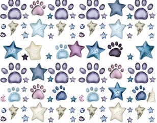 Pet-Themed Pattern Featuring Stars and Paw Prints Cute Animal Design for Fabric, Stationery, and Kids&rsquo; Decor