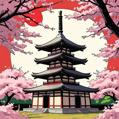 Japanese pagoda vector illustration with bright colors