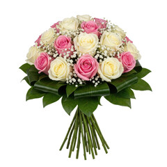 Elegant bouquet of pink and white roses with delicate baby's breath and lush green leaves