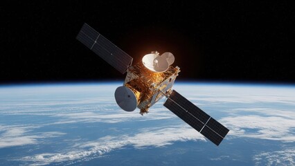 A satellite orbits Earth, solar panels extended, against a starry sky