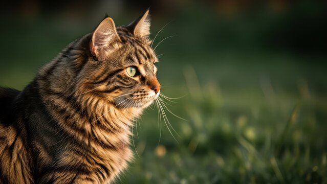 A regal tabby cat with green eyes gazes intently into the distance outdoors - Powered by Adobe
