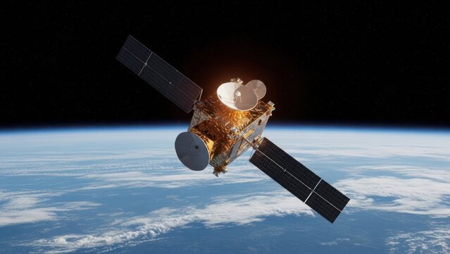A satellite orbits Earth, solar panels extended, against a starry sky - Powered by Adobe