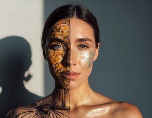 Portrait of One Person with Half Face Painted in Diverse Cultural Styles Creative Ethnic Face Art and Multicultural Expression Concept