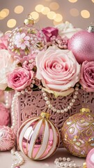 Elegant pink Christmas ornaments and roses with bokeh lights in soft focus