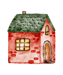 Watercolor hand painted cute little red house isolated on white, clip art.