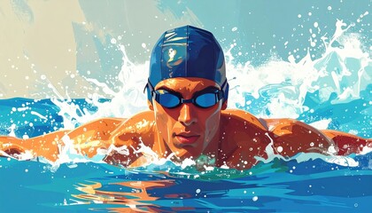 Male swimmer in swim meet doing sport illustration.