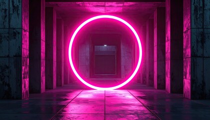 Vibrant Pink Neon Circle Portal Illuminating A Dark Concrete Corridor With Wet Floors Reflecting The Light And A Sense Of Mystery