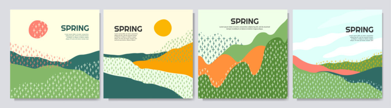 Vector illustration. Minimalist spring landscape set with abstract organic shapes and patterns. Design for web banner, social media. Hand drawn landscapes with hills and sunny sky