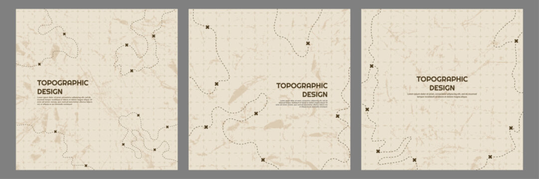 Vector illustration. Topographic map concept. Set of minimal square banners with retro graphics, marks, and trails. Line art pattern design on textured paper. Design for web banner, social media