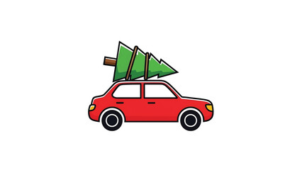 A stylized red car with a Christmas tree secured to its roof