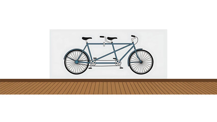 A stylized, blue, two-person bicycle with black seats and handlebars rests on a wooden deck