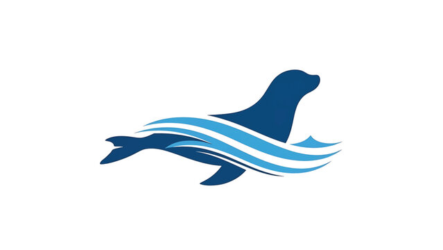 Dark blue silhouette of a seal diving through stylized blue waves on a white background