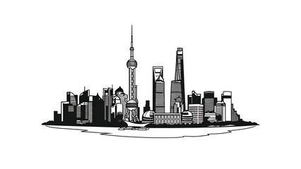 Stylized black and white silhouette of a modern city skyline along a waterfront, featuring diverse skyscrapers