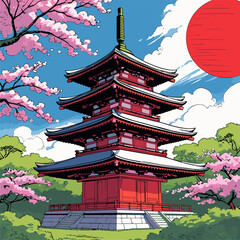 Japanese pagoda vector illustration with bright colors