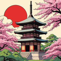 Japanese pagoda vector illustration with bright colors