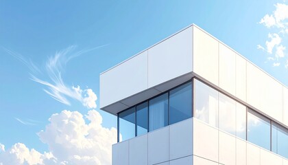 A corner-angle office building with blank logo area near the top, soft daylight and clean architectural lines for brand visibility.
