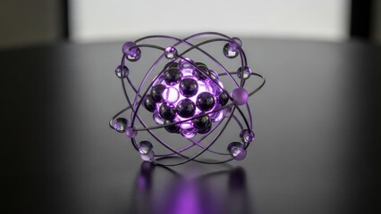Abstract purple atomic model with orbiting spheres