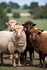 Obraz premium A small group of curious sheep with diverse wool colors standing in a green field.