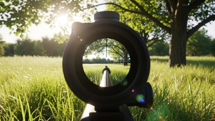 Aiming through a rifle scope at a sunlit field and trees