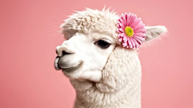 Closeup side profile of white alpaca with flowers on head. Cute animal portrait sequence showing fluffy wool and daisy adornments on pink background for whimsical pet concept.